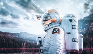 Preview wallpaper cosmonaut, spacesuit, butterfly, reflection, landscape, radioactive