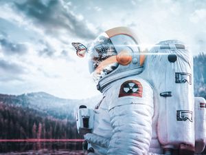 Preview wallpaper cosmonaut, spacesuit, butterfly, reflection, landscape, radioactive