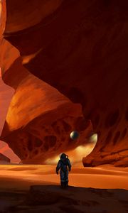 Preview wallpaper cosmonaut, spacesuit, rocks, canyon, art