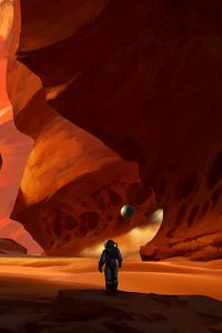 Preview wallpaper cosmonaut, spacesuit, rocks, canyon, art