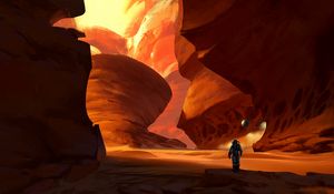 Preview wallpaper cosmonaut, spacesuit, rocks, canyon, art