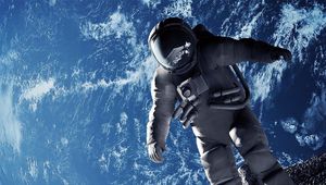 Preview wallpaper cosmonaut, weightlessness, space suit, open space