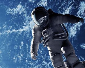 Preview wallpaper cosmonaut, weightlessness, space suit, open space