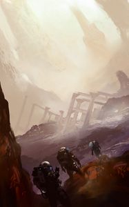 Preview wallpaper cosmonauts, spacesuits, expedition, ruins, art