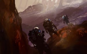 Preview wallpaper cosmonauts, spacesuits, expedition, ruins, art
