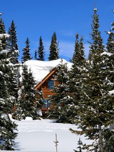 Preview wallpaper cottage, camp site, trees, fir-trees, snow, clearly