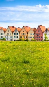 Preview wallpaper cottages, field, grass, flowers, summer