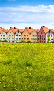 Preview wallpaper cottages, field, grass, flowers, summer