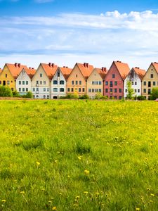 Preview wallpaper cottages, field, grass, flowers, summer