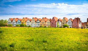 Preview wallpaper cottages, field, grass, flowers, summer