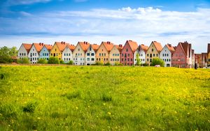 Preview wallpaper cottages, field, grass, flowers, summer