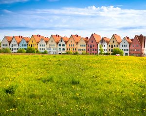 Preview wallpaper cottages, field, grass, flowers, summer