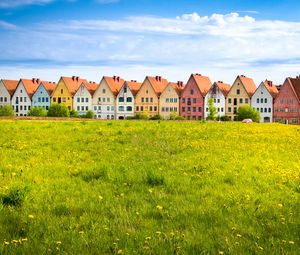 Preview wallpaper cottages, field, grass, flowers, summer