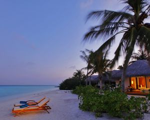 Preview wallpaper country house, romanticism, coast, palm trees, evening, light