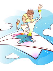 Preview wallpaper couple, art, drawing, love, flight, airplane, sky
