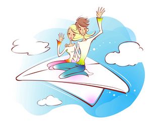 Preview wallpaper couple, art, drawing, love, flight, airplane, sky