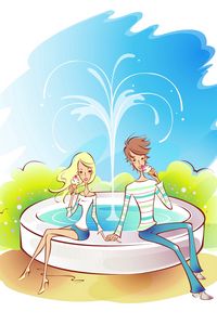 Preview wallpaper couple, art, drawing, love, fountain, water, walk