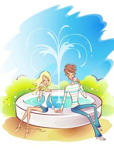Preview wallpaper couple, art, drawing, love, fountain, water, walk