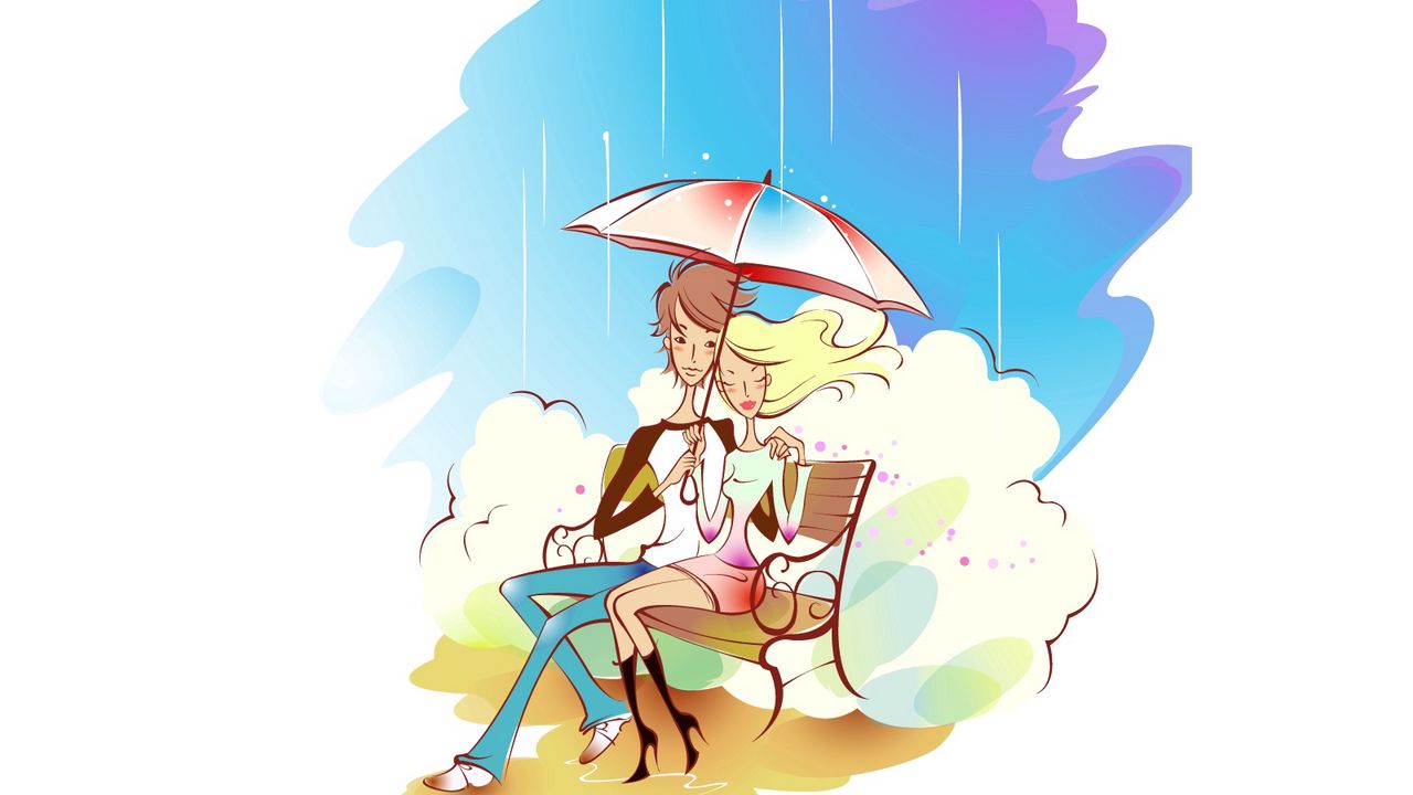 Wallpaper couple, art, drawing, love, rain, umbrella, bench