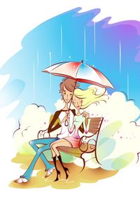 Preview wallpaper couple, art, drawing, love, rain, umbrella, bench