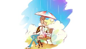 Preview wallpaper couple, art, drawing, love, rain, umbrella, bench