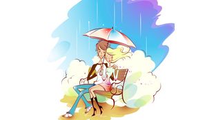 Preview wallpaper couple, art, drawing, love, rain, umbrella, bench