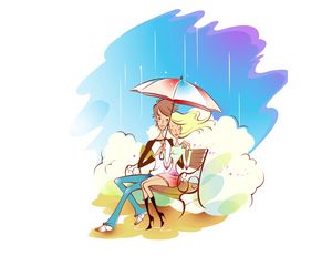 Preview wallpaper couple, art, drawing, love, rain, umbrella, bench