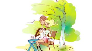 Preview wallpaper couple, art, drawing, love, bench, park, embrace