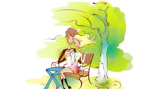 Preview wallpaper couple, art, drawing, love, bench, park, embrace