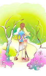 Preview wallpaper couple, art, drawing, love, forest, walk, embrace