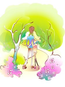 Preview wallpaper couple, art, drawing, love, forest, walk, embrace