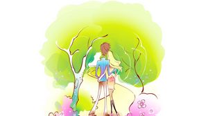 Preview wallpaper couple, art, drawing, love, forest, walk, embrace
