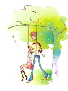 Preview wallpaper couple, art, drawing, love, swing, park, entertainment, walk