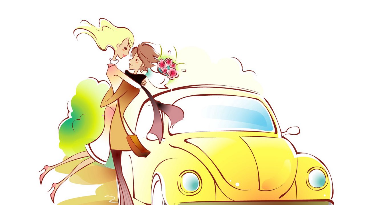 Wallpaper couple, art, drawing, love, car, hug, flowers, meeting