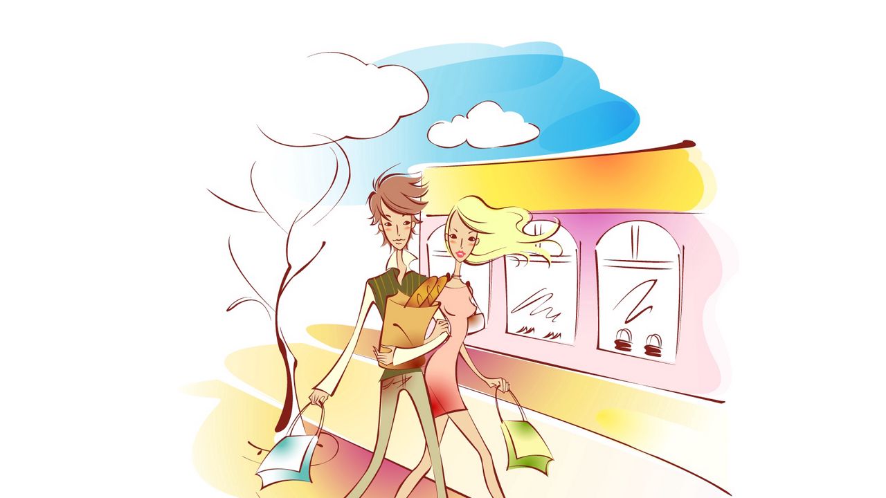 Wallpaper couple, art, drawing, love, walking, shopping, packages
