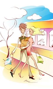 Preview wallpaper couple, art, drawing, love, walking, shopping, packages