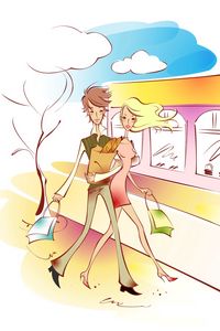 Preview wallpaper couple, art, drawing, love, walking, shopping, packages