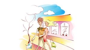 Preview wallpaper couple, art, drawing, love, walking, shopping, packages