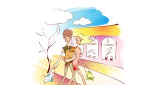 Preview wallpaper couple, art, drawing, love, walking, shopping, packages