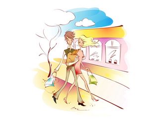 Preview wallpaper couple, art, drawing, love, walking, shopping, packages