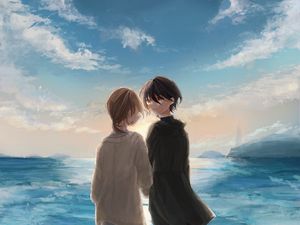Preview wallpaper couple, beach, sea, anime, art