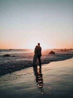 240x320 Wallpaper couple, beach, sunset, hugs, love
