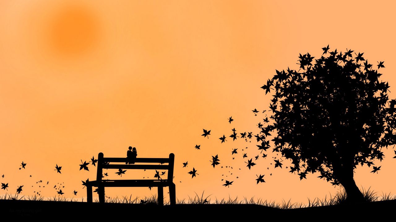 Wallpaper couple, bench, leaves, silhouette, fall