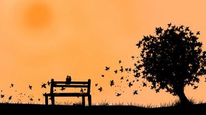 Preview wallpaper couple, bench, leaves, silhouette, fall