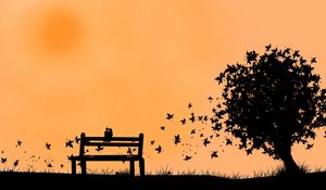 Preview wallpaper couple, bench, leaves, silhouette, fall