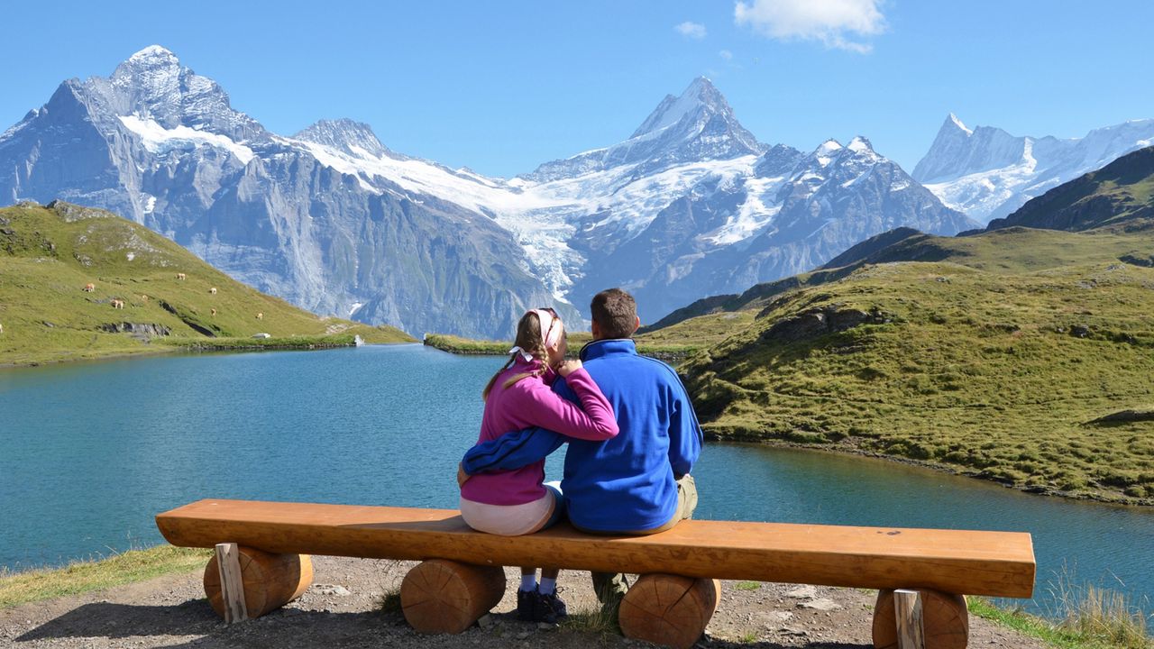 Wallpaper couple, bench, mountain, lake, hug, date, romance