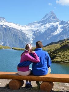 Preview wallpaper couple, bench, mountain, lake, hug, date, romance
