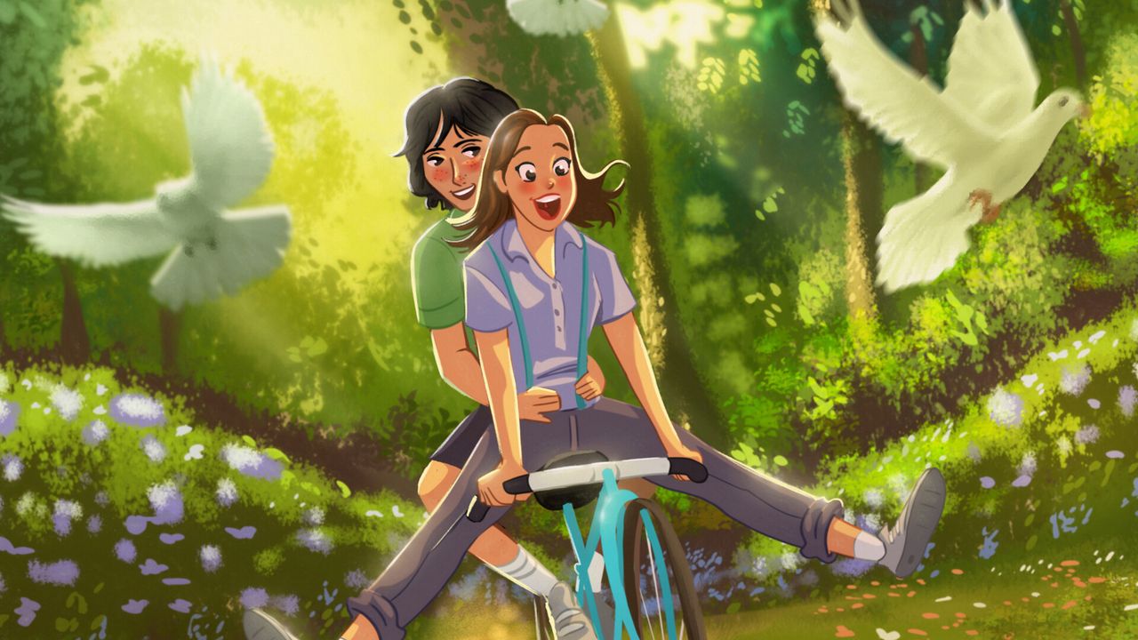 Wallpaper couple, bicycle, love, romance, art, happiness