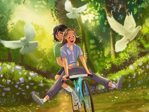 Preview wallpaper couple, bicycle, love, romance, art, happiness