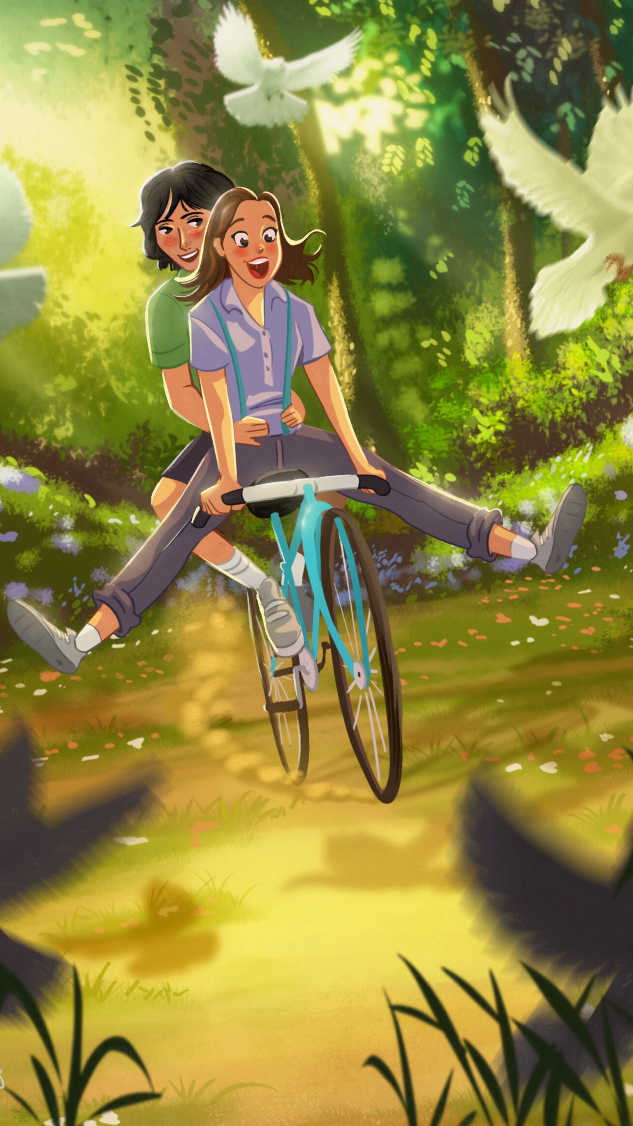 Download wallpaper 2160x3840 couple, bicycle, love, romance, art, happiness  samsung galaxy s4, s5, note, sony xperia z, z1, z2, z3, htc one, lenovo  vibe hd background
